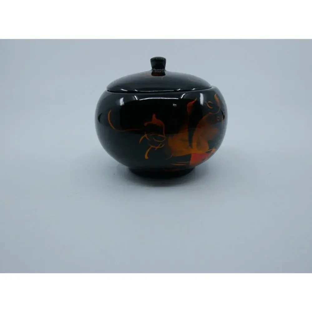 Round Lidded Lacquer Trinket Box Fancy Goldfish Hand Painted Designs Black Gloss
